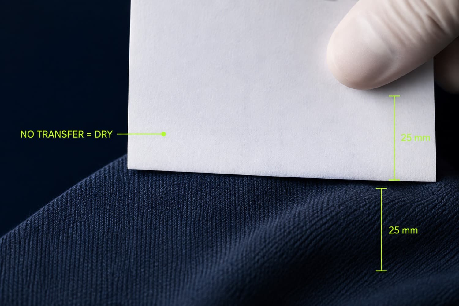 Dry paper pressed against fabric to check for moisture transfer, the point at which the clock stops.
