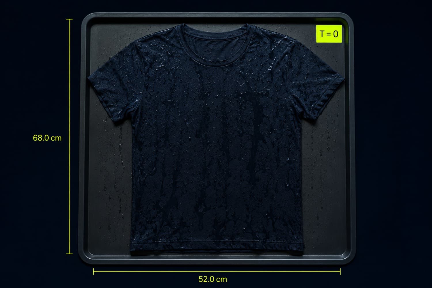 A training tee soaked to saturation on a dark steel tray at the start of the test, marked T = 0.