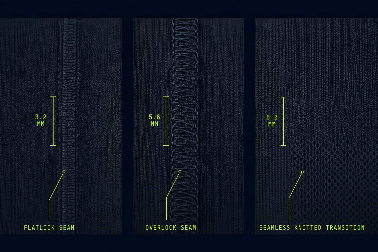 Macro comparison of a flatlock seam, an overlock seam and a seamless knitted transition.