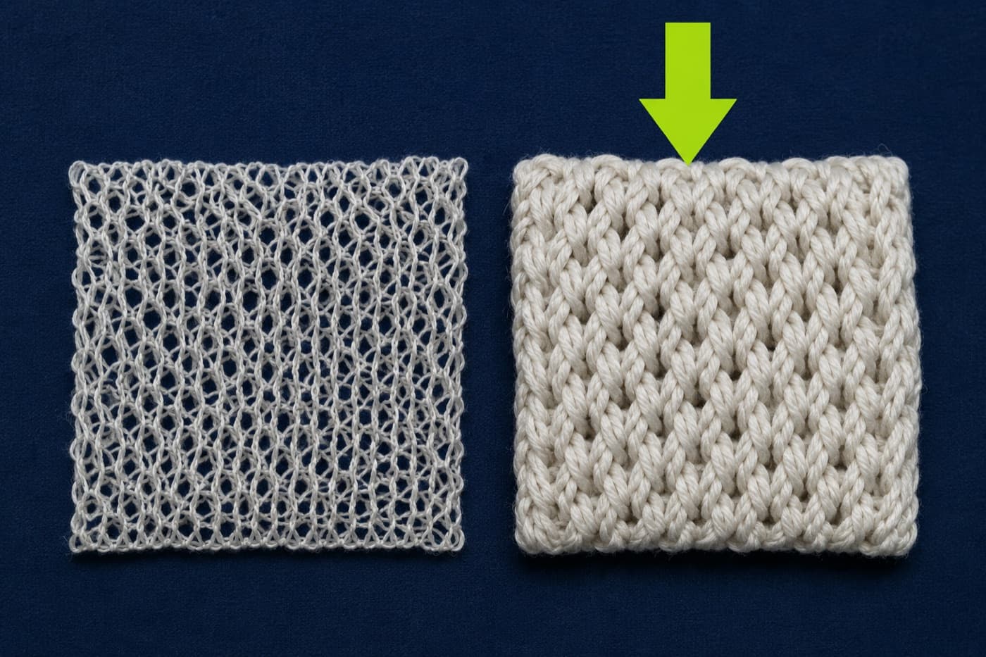 Two fabric swatches side by side, a thin open mesh and a thick dense knit, with an arrow pointing at the heavier one.
