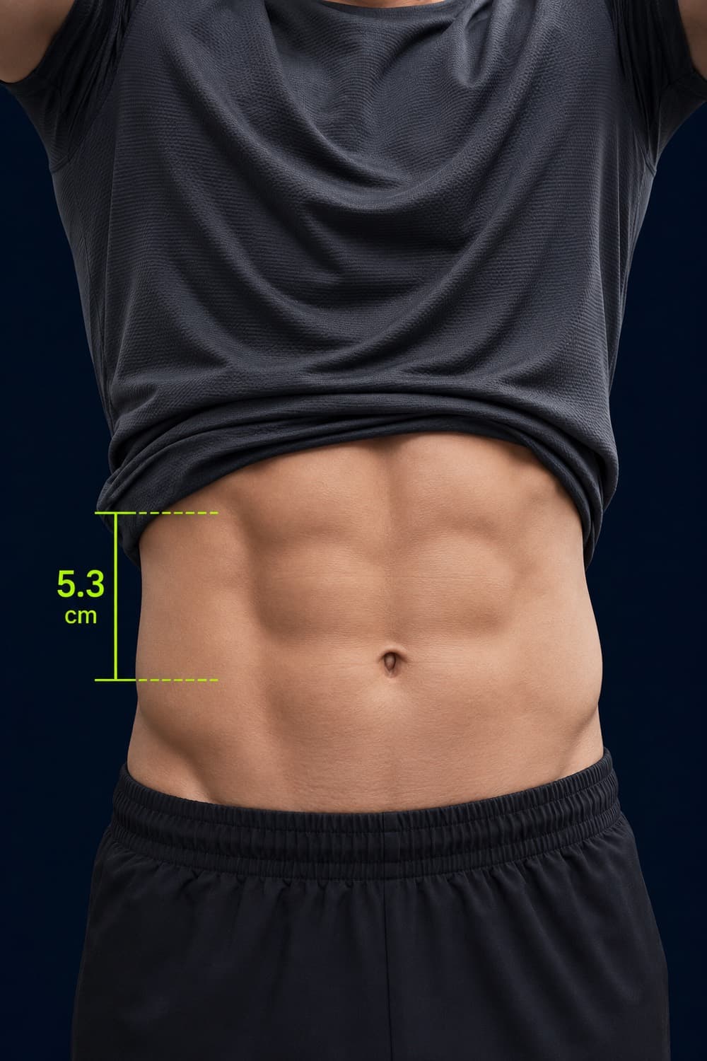 Arms raised overhead, hem displacement marked